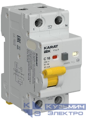 Устройство защиты от дугового пробоя с автоматическим выключателем дифференциального тока (УЗДП + АВДТ) 1P+N C 16А 30мА тип A KARAT IEK KA-DP12-1-016-C-030-A