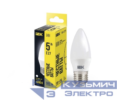 Лампа светодиодная 5Вт C35 свеча 4000К нейтр. бел. E27 450лм 230-240В IEK LLE-C35-5-230-40-E27
