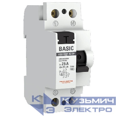 Выключатель дифференциального тока (УЗО) 2п 25А 30мА тип AC Basic электрон.EKF elcb-2-25-30e-sim
