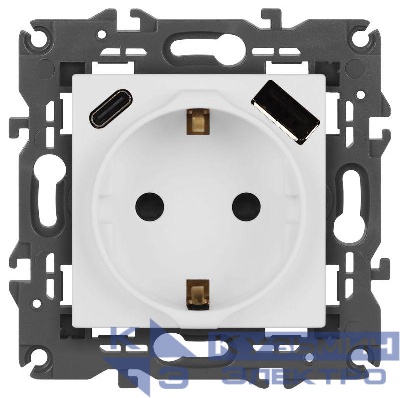 Розетка Elegance 14-4108-01М 16A 250В 2P+E защ. шторки с USB type-A+C 3А 5В матов. бел. Эра Б0067710