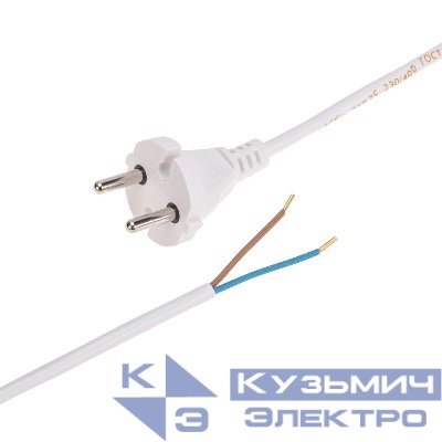 Шнур электрический с прямой вилкой 10А 2200Вт ПВС 2х0.75кв.мм 2м бел. Rexant 11-1306