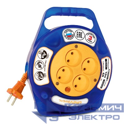 Удлинитель в закрыт. корпусе 4х10м без заземл. 6А IP20 У6-015 ПВС 2х0.75 термозащита защ. шторки UNIVersal 9633900