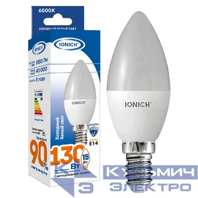 Лампа светодиодная C37 15Вт свеча 6500К E14 230В IONICH 1906