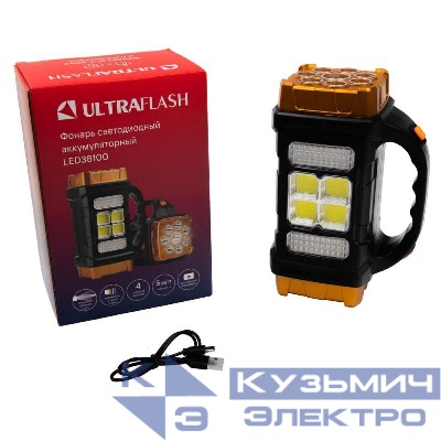 Фонарь аккумуляторный LED38100 76LED+4COB 4 реж. Type-C PowerBank пластик коробка черн./охра Ultraflash 15950
