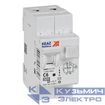 Выключатель автоматический дифференциального тока 2п с защитой от сверхтоков OptiDin D63-23C6-AC-У3 C6 100мА 4.5кА КЭАЗ 328110