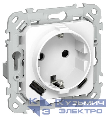 Розетка 1-м СП FLITE РСЮшс11-1-ФлБ 16А с USB A+C 20Вт с заземл. с защ. шторками безвинтовое крепление механизм бел. IEK FI-R14-16-1-U22-020-K01