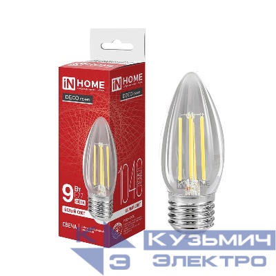Лампа светодиодная LED-СВЕЧА-deco 9Вт свеча прозрачная 4000К E27 1040лм 230В IN HOME 4690612063256