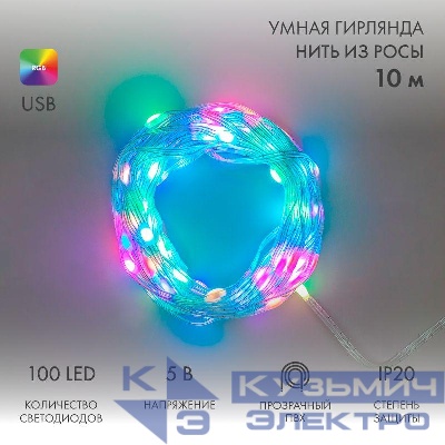 Гирлянда светодиодная смарт "Роса" "Нить" с крупными светодиодами 10м 100LED RGB IP20 USB провод прозр. Neon-Night 245-019