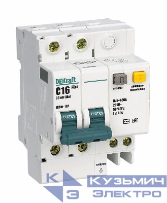 Выключатель автоматический дифференциального тока 2п C 16А 30мА тип AC 4.5кА ДИФ-101 4.5мод. DEKraft 15003DEK