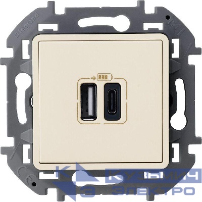 Устройство зарядное Inspiria с 2-мя USB разьемами A и C 240В/5В 3000мА сл. кость IEK 673761