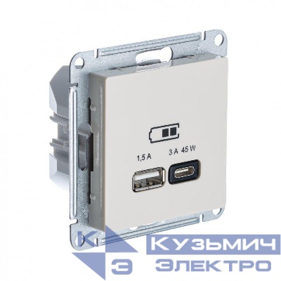 Розетка USB AtlasDesign тип A+C 45Вт QC PD высокоскор. ЗУ механизм беж. SE ATN000229