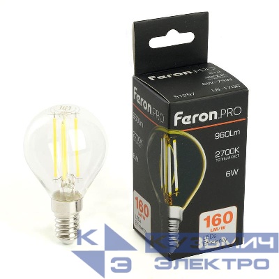Лампа светодиодная LB-1706 6Вт G45 шар прозрачная 2700К E14 960лм 175-265В FERON 51256