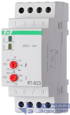 Регулятор температуры RT-823 (от +60 до +95 град.C; выносной датчик с термоус. проводом; монтаж на DIN-рейке 35мм 50-260В 16А 1P IP20) F&F EA07.001.006