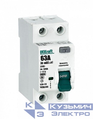Выключатель дифференциального тока (УЗО) 2п 63А 30мА тип A 6кА УЗО-03 DEKraft 14265DEK