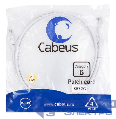 Патч-корд U/UTP кат.6 PC-UTP-RJ45-Cat.6-2m-WH 2xRJ45/8p8c неэкранир. PVC 2м бел. Cabeus 8672c