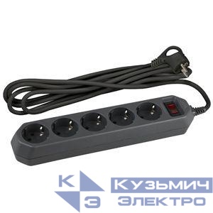 Удлинитель с сетевым фильтром 5х5м с заземл. 10А IP20 USF-5es-5m-B ПВС 3х0.75 с выкл. черн. Эра Б0019737