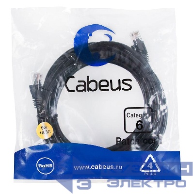 Патч-корд U/UTP кат.6 PC-UTP-RJ45-Cat.6-5m-BK 2xRJ45/8p8c неэкранир. PVC 5м черн. Cabeus 8667c
