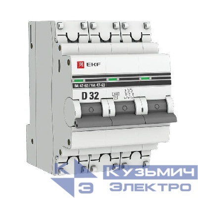 Выключатель автоматический модульный 3п D 32А 4.5кА ВА 47-63 PROxima EKF mcb4763-3-32D-pro