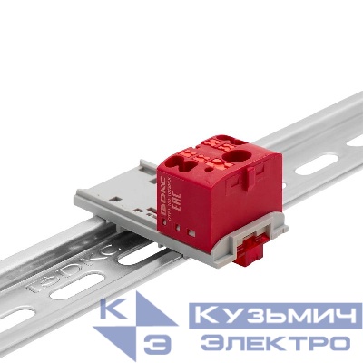 Блок распределительный с вертикал. адаптером на рейки шир. 15/35мм зажим push-in 1 ввод 6кв.мм 4 точки подключения 2.5кв.мм красн. DKC DTP1-104-104SPUR-V