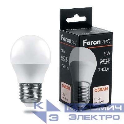 Лампа светодиодная LB-1409 9Вт G45 шар 6400К E27 230В FERON 38082