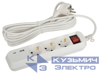 Удлинитель 3х5м с заземл. 10А 1xUSBA+1xUSBC с выкл. UB-3es-5m-USB Эра Б0052899