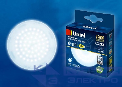 Лампа светодиодная LED-GX53-6W/6500K/GX53/FR PLZ01WH 6Вт матовая 6500К холод. бел. GX53 (упак. картон) Uniel UL-00005311