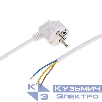 Шнур электрический с угловой вилкой 10А 2300Вт ПВС 3х0.75кв.мм 2м бел. Rexant 11-1314