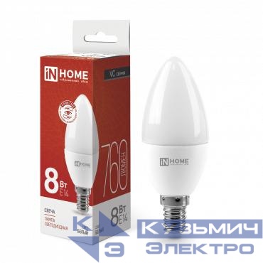 Лампа светодиодная LED-СВЕЧА-VC 8Вт свеча 4000К нейтр. бел. E14 760лм 230В IN HOME 4690612020433