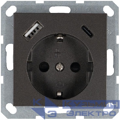 Розетка Shuko 16А с заземл. защ. шторки с 2-мя заряд. устройствами USB тип A+C 25Вт механизм мокко Jasmart G5501USB-25Z