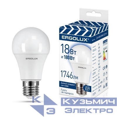 Лампа светодиодная LED-A60-18W-E27-6K замена ЛОН 18Вт Е27 6500К 172-265В ПРОМО Ergolux 15559