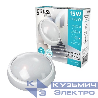 Светильник светодиодный Qplus 15Вт 4000К IP54 1200лм d175х76мм ДБП круг настенно-потолочный GAUSS 142411215-S