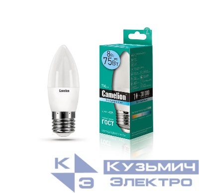 Лампа светодиодная LED8-C35/845/E27 8Вт свеча 4500К бел. E27 750лм 170-265В Camelion 12390