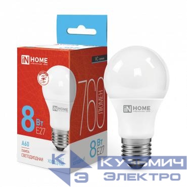 Лампа светодиодная LED-A60-VC 8Вт грушевидная 6500К холод. бел. E27 760лм 230В IN HOME 4690612024042