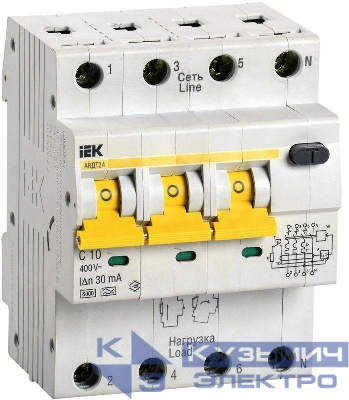 Выключатель автоматический дифференциального тока 4п (3P+N) C 10А 30мА тип A 6кА АВДТ-34 KARAT IEK MAD22-6-010-C-30