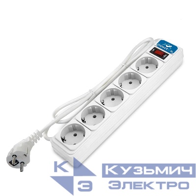 Удлинитель с сетевым фильтром 5х1.8м с заземл 10А IP20 2.2кВт ПВС 3х1 с выкл. бел. DOMTOK 2527