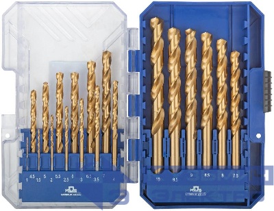 Набор сверл по металлу HSS шлифованные титановое покрытие угол заточки 135град. пласт. кейс 19шт (1-10мм через 0.5мм) MOS 35735М