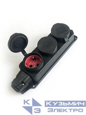 Колодка удлинителя 3-м 16А IP44 с заземл. каучук черн. КОСМОС KKsm-3g-Z-IP(B)16A