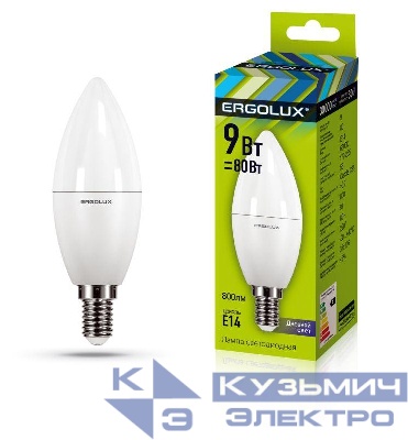 Лампа светодиодная LED-C35-9W-E14-6К Свеча 9Вт E14 6500К 172-265В Ergolux 13169