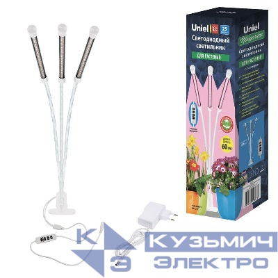 Светильник светодиодный для растений ULT-P33-18W/SPLE/TM/60 IP40 WHITE TRIPLE с таймером на прищепке спектр для фотосинтеза Uniel UL-00008904