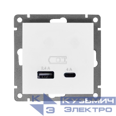 Розетка 2-м USB СП Афина 5В тип А(2.4А)+С(4А) механизм бел. Universal А0059