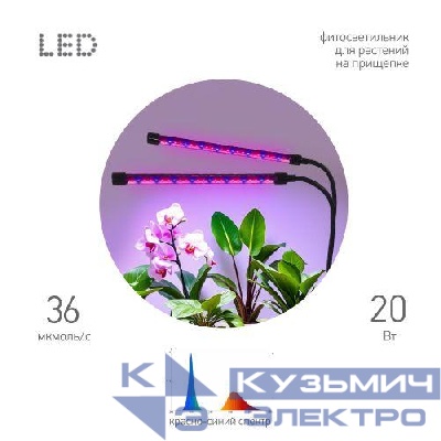 Светильник FITO-20W-АLED-RB 20Вт на прищепке для растений красн./син. спектра Эра Б0068275