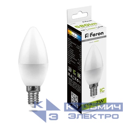 Лампа светодиодная LB-97 7Вт C37 свеча 4000К E14 230В FERON 25476