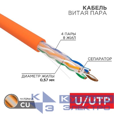 Кабель витая пара U/UTP кат.6 4х2х23AWG нг(А)-HF медь оранж. (305м) (м) Rexant 01-0050