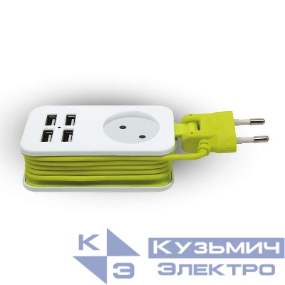 Удлинитель 1х1.5м без заземл. Travel S-CT1-1.5U White-Green 4хUSB 2.1А бел./салатов. Uniel UL-00003331