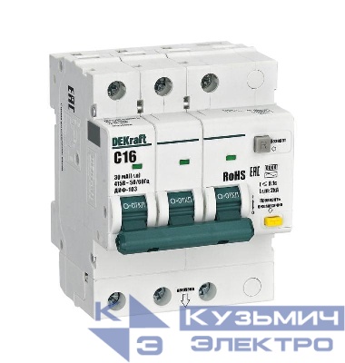 Выключатель автоматический дифференциального тока (АВДТ) 3P C 16А 30мА AC ДИФ-103 6кА DEKraft 16374DEK