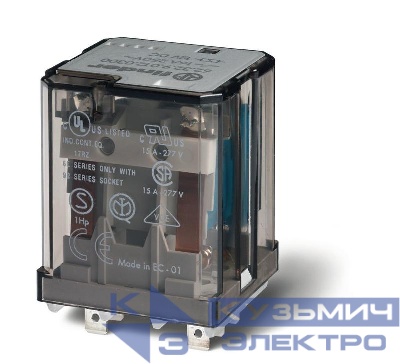 Реле силовое электромеханич. монтаж в розетку или наконечники Faston 187 (4.8х0.5мм) 2CO 16А AgSnO2 230В AC RTI опции: кнопка тест + мех.индикатор FINDER 623282304040