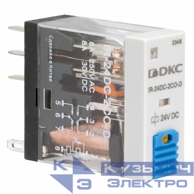 Реле миниатюрное промышленное 2CO ком. ток 8А AgSnO2 напряжение 110В DC опция: тест-кнопка+светодиод+защитный диод DKC IR-110DC-2CO-D