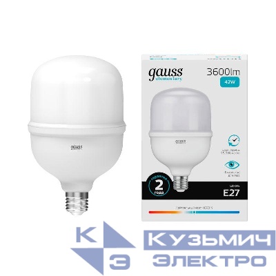 Лампа светодиодная Elementary 42Вт T120 цилиндр 4000К нейтр. бел. E27 3600лм GAUSS 63224