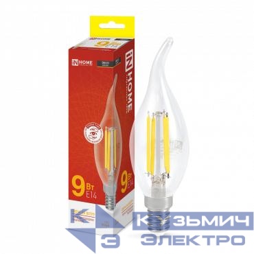 Лампа светодиодная LED-СВЕЧА НА ВЕТРУ-deco 9Вт свеча на ветру прозрачная 3000К тепл. бел. E14 1040лм 230В IN HOME 4690612026220