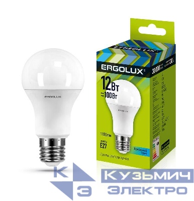 Лампа светодиодная LED-A60-12W-E27-4500K 12Вт грушевидная 4500К бел. E27 180-240В ЛОН Ergolux 12151